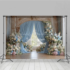 Lofaris Elegant Wedding Arch Backdrop Blue Drapes on Ornate Gold Pink and Floral Bridal Shower Photo Props