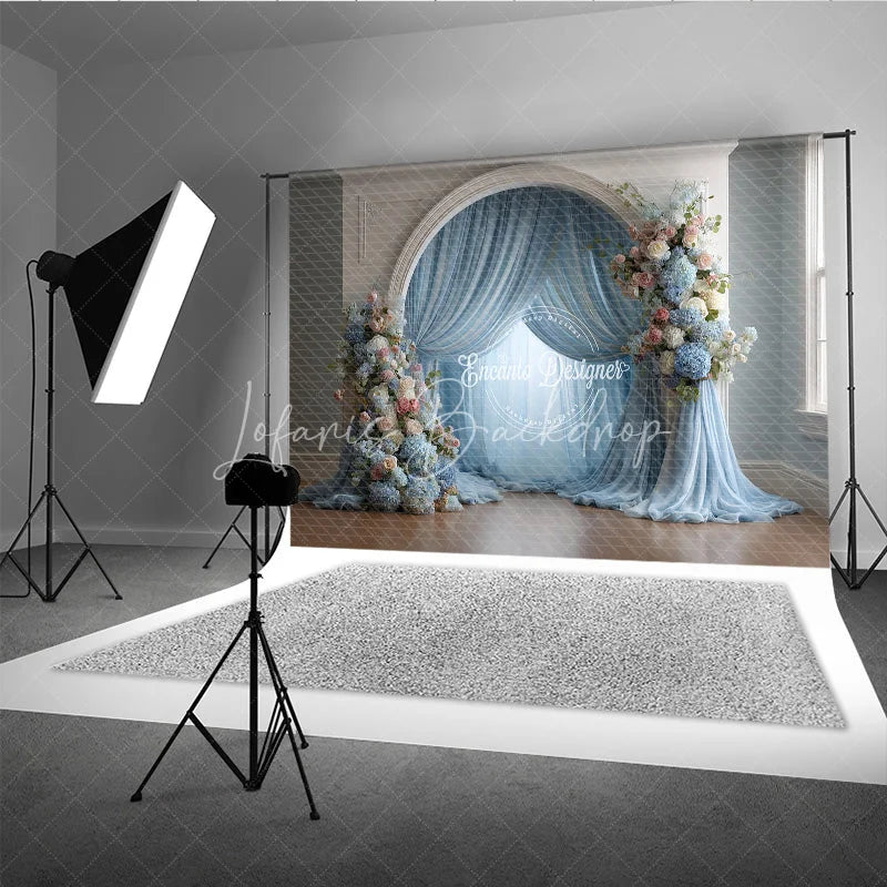 Lofaris Elegant Wedding Arch Backdrop White with Dusty Blue Drapes Pink Floral Decor for Bridal Shower
