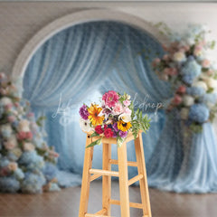 Lofaris Elegant Wedding Arch Backdrop White with Dusty Blue Drapes Pink Floral Decor for Bridal Shower