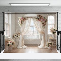 Lofaris Elegant Wedding Arch Backdrop Window with Cream Drapes Pink Rose Floral Decor for Bridal Shower Photo Prop
