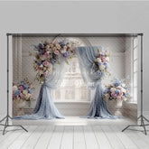 Lofaris Elegant Wedding Backdrop Arch Window with Dusty Blue Drapes Pink Rose and Hydrangea Floral Arrangements