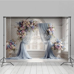 Lofaris Elegant Wedding Backdrop Arch Window with Dusty Blue Drapes Pink Rose and Hydrangea Floral Arrangements