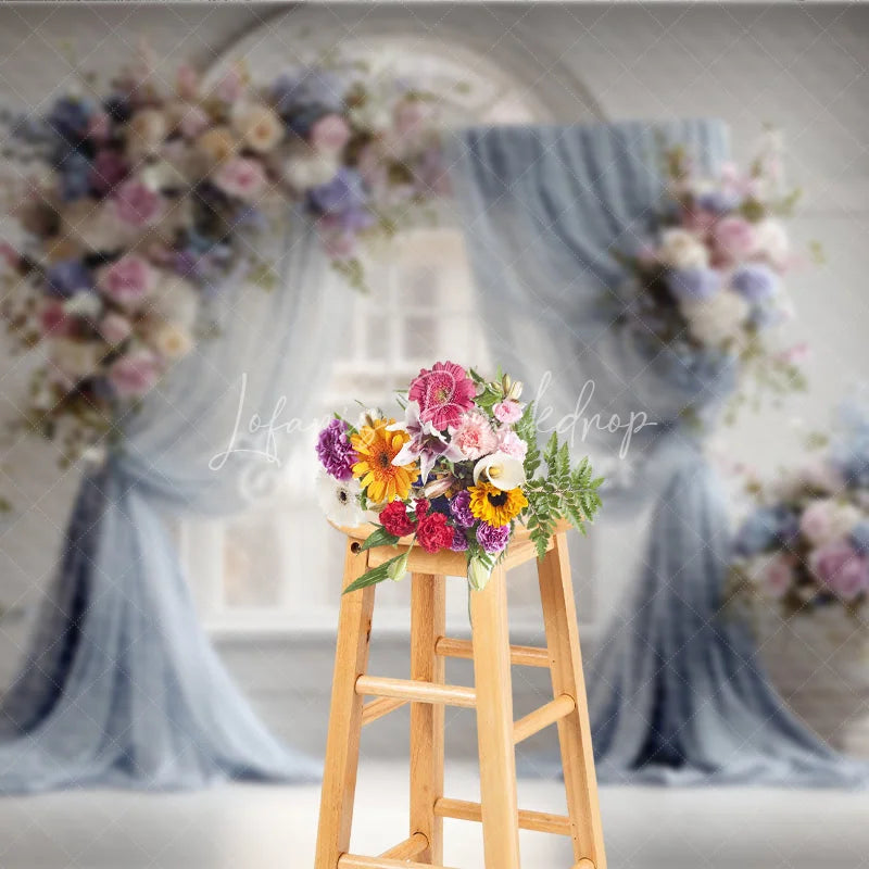 Lofaris Elegant Wedding Backdrop Arch Window with Dusty Blue Drapes Pink Rose and Hydrangea Floral Arrangements
