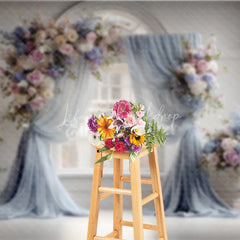 Lofaris Elegant Wedding Backdrop Arch Window with Dusty Blue Drapes Pink Rose and Hydrangea Floral Arrangements