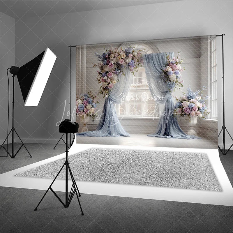 Lofaris Elegant Wedding Backdrop Arch Window with Dusty Blue Drapes Pink Rose and Hydrangea Floral Arrangements