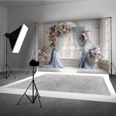 Lofaris Elegant Wedding Backdrop Arch Window with Dusty Blue Drapes Pink Rose and Hydrangea Floral Arrangements