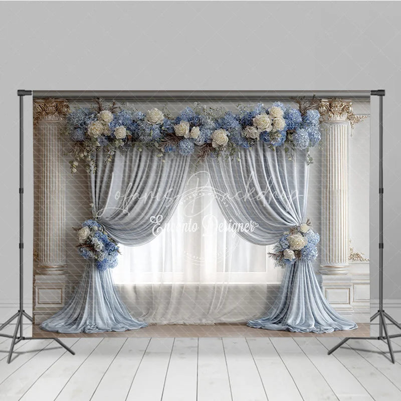 Lofaris Elegant Wedding Backdrop Dusty Blue Drapes with White Rose Classic Columns Photography Background Decor