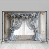 Lofaris Elegant Wedding Backdrop Dusty Blue Drapes with White Rose Classic Columns Photography Background Decor