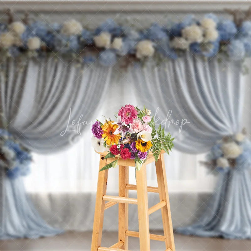 Lofaris Elegant Wedding Backdrop Dusty Blue Drapes with White Rose Classic Columns Photography Background Decor