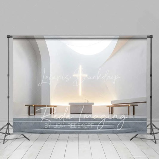 Lofaris Elegant Wedding Backdrop Modern White Chapel Interior with Glowing Cross Sacred Ceremony Photography