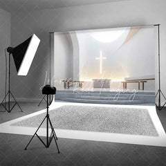 Lofaris Elegant Wedding Backdrop Modern White Chapel Interior with Glowing Cross Sacred Ceremony Photography