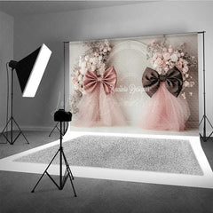 Lofaris Elegant Wedding Photography Backdrop Pink and Brown Bows with Floral Accents Romantic Chic Studio Prop Decor