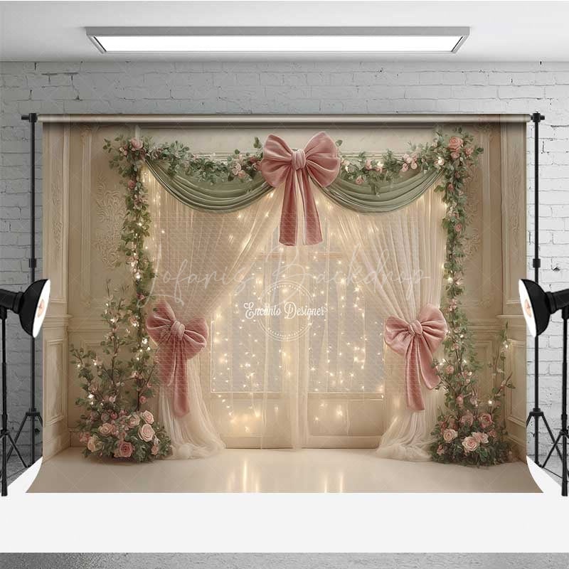 Lofaris Elegant Wedding Photography Backdrop Pink Bows and Fairy Light Curtains Romantic Dreamy Stage Photo Prop