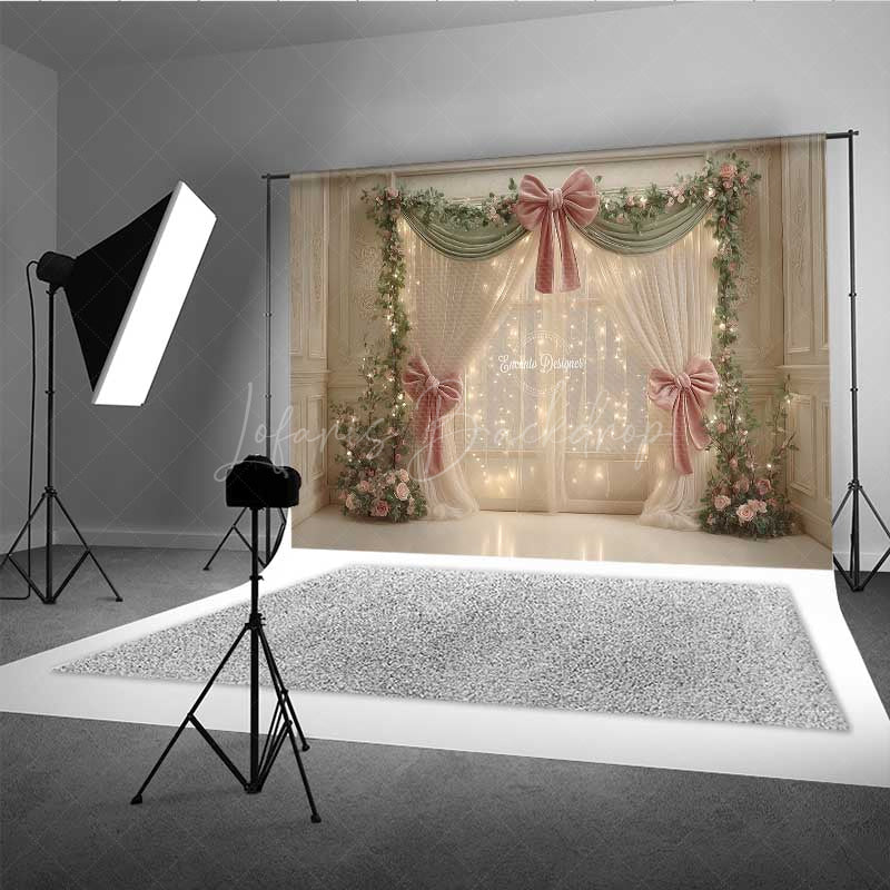 Lofaris Elegant Wedding Photography Backdrop Pink Bows and Fairy Light Curtains Romantic Dreamy Stage Photo Prop