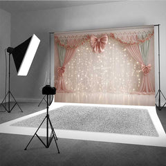 Lofaris Elegant Wedding Photography Backdrop Pink Bows with Fairy Light Curtains Romantic and Dreamy Stage Photo Prop