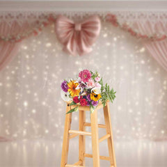 Lofaris Elegant Wedding Photography Backdrop Pink Bows with Fairy Light Curtains Romantic and Dreamy Stage Photo Prop