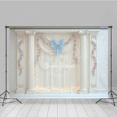 Lofaris Elegant Wedding Photography Backdrop White Drapes with Blue Bows and Columns Romantic Fairytale Stage Prop