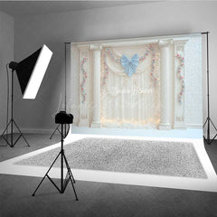 Lofaris Elegant Wedding Photography Backdrop White Drapes with Blue Bows and Columns Romantic Fairytale Stage Prop