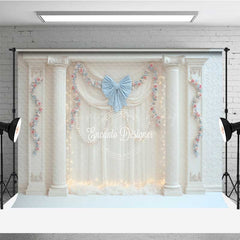 Lofaris Elegant Wedding Photography Backdrop White Drapes with Blue Bows and Columns Romantic Fairytale Stage Prop