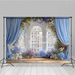 Lofaris Elegant Wedding Window Backdrop Blue Drapes with Purple Floral Bridal Shower Photography Background Decor