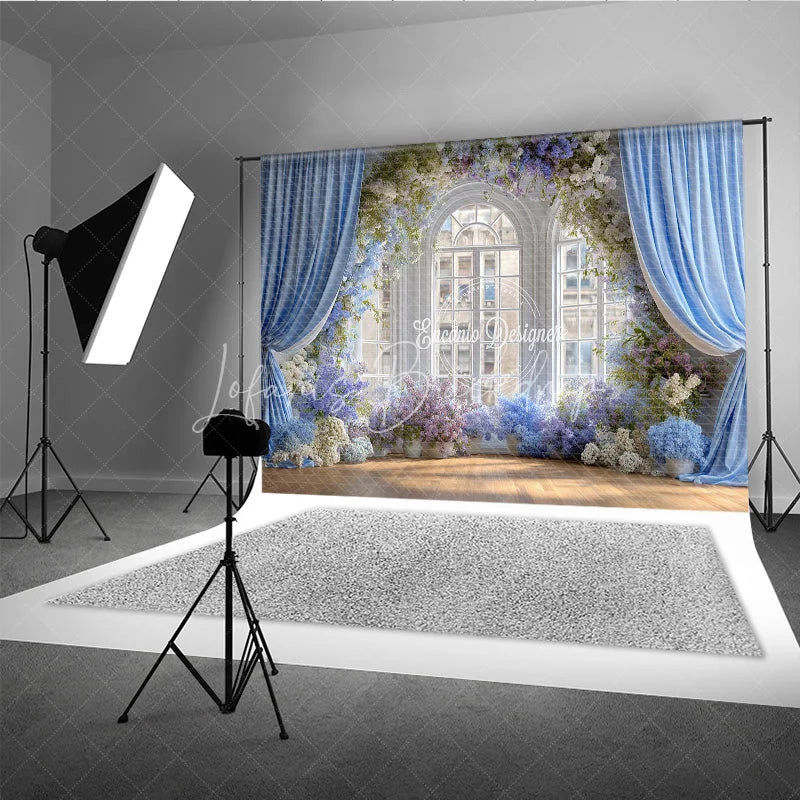 Lofaris Elegant Wedding Window Backdrop Blue Drapes with Purple Floral Bridal Shower Photography Background Decor