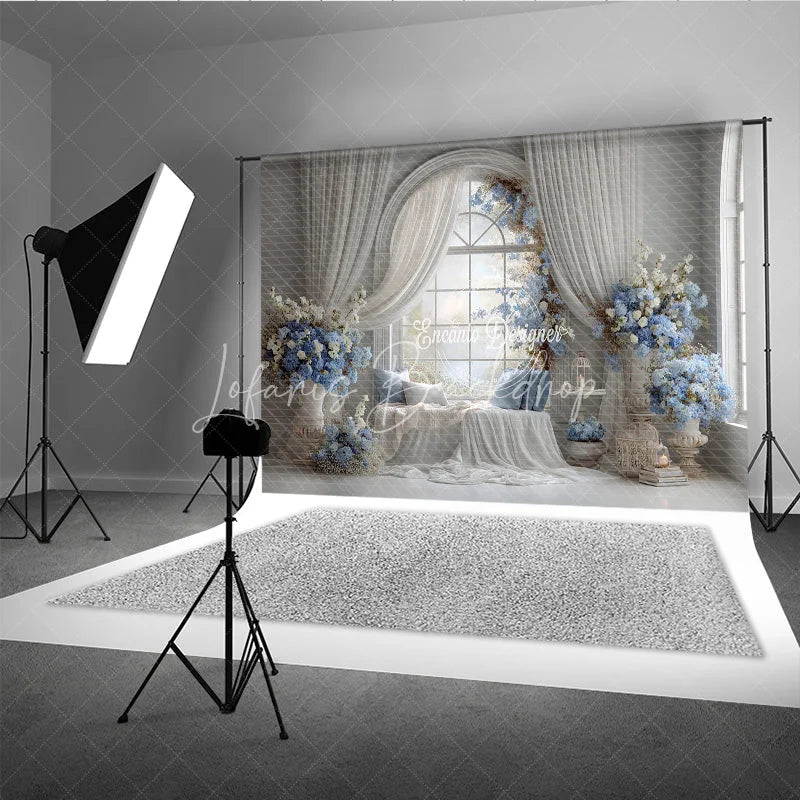 Lofaris Elegant Wedding Window Seat Backdrop Arch with Blue Floral Bridal Shower Photography Background Decor