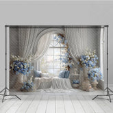 Lofaris Elegant Wedding Window Seat Backdrop Arch with Blue Floral Bridal Shower Photography Background Decor
