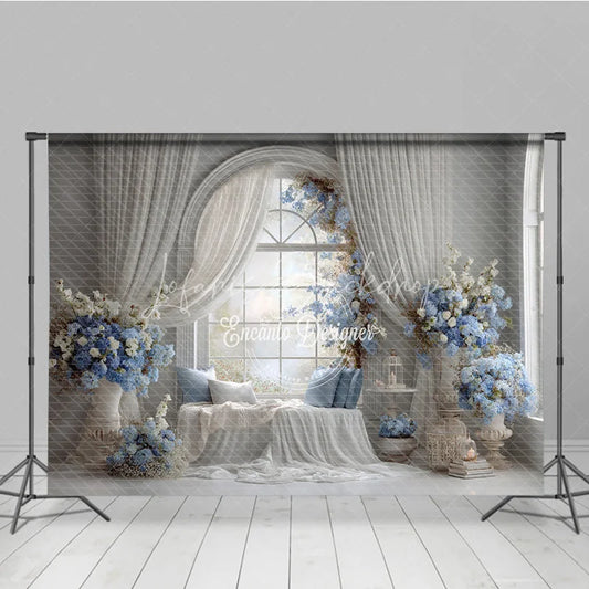 Lofaris Elegant Wedding Window Seat Backdrop Arch with Blue Floral Bridal Shower Photography Background Decor