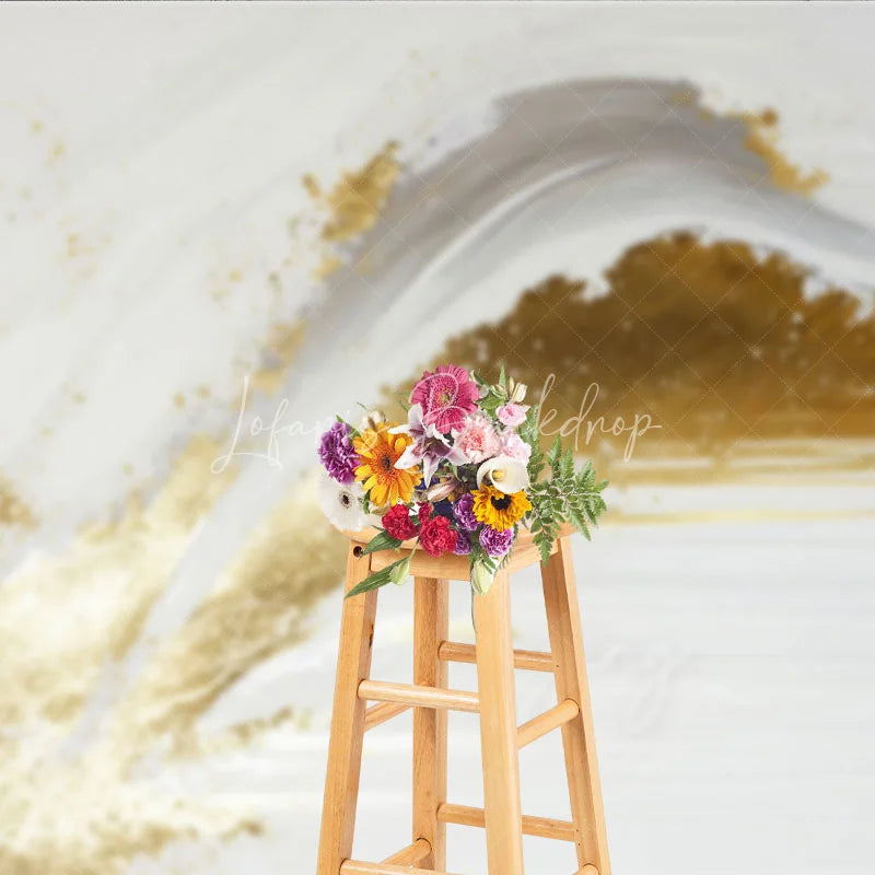 Lofaris Elegant White and Gold Abstract Photography Backdrop Modern Brush Stroke Glitter Design