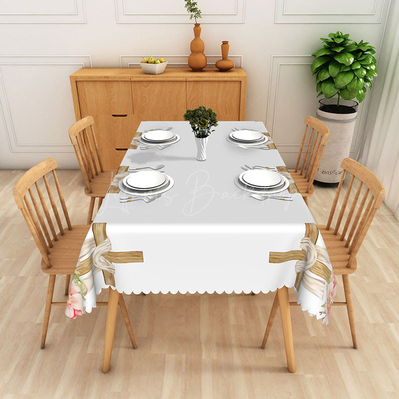 Lofaris Elegant White And Gold Wave Edge Easter Tablecloth