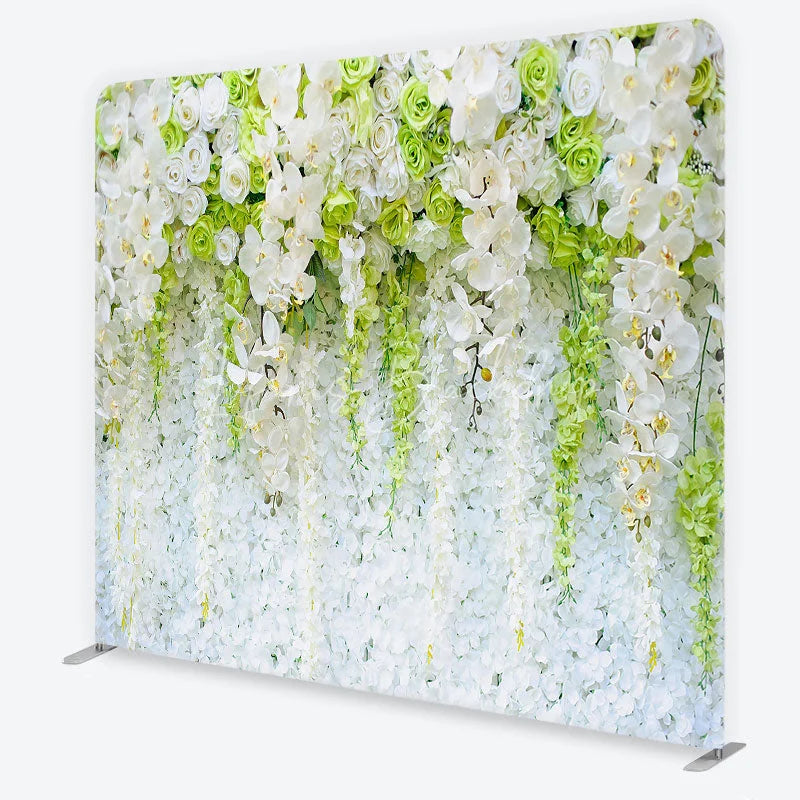 Lofaris Elegant White and Green Orchid Rose Floral Wall Square Double-Sided Backdrop with Hanging Wisteria