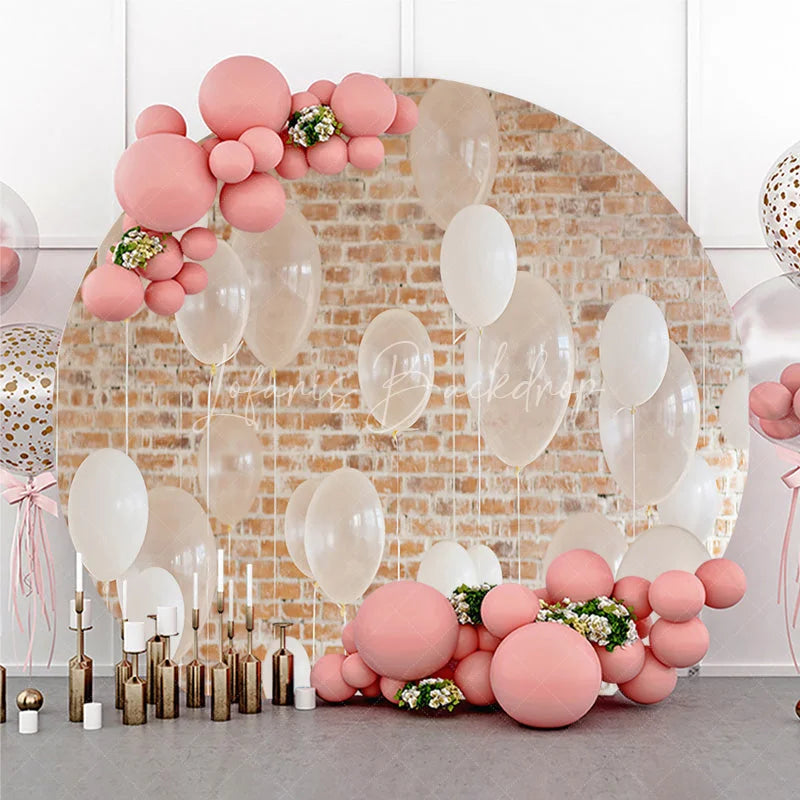 Lofaris Elegant White and Translucent Balloons Round Backdrop with Rustic Brick Wall Minimalist Party Decoration