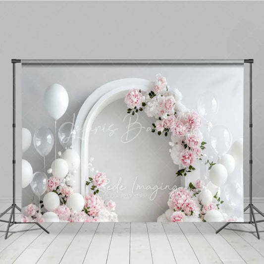 Lofaris Elegant White Arch Floral Photography Backdrop Pink Peony Balloon Wedding Photo Background Clean Bridal Shower Prop