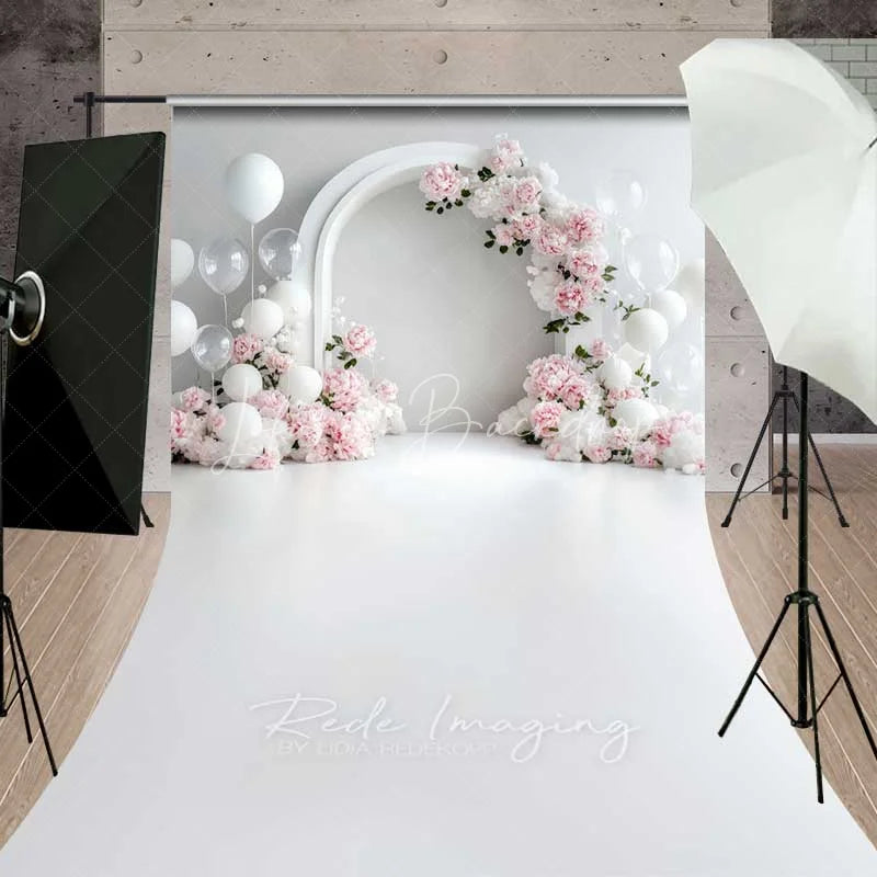 Lofaris Elegant White Arch Floral Sweep Photo Backdrop Pink Peony Balloon Wedding Background Clean Bridal Shower Floor Prop