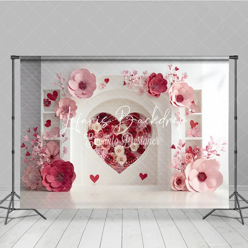 Lofaris Elegant White Arch with Pink and Red Paper Flower Heart Photography Backdrop Romantic Valentine’s Day Decor