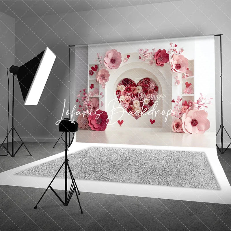 Lofaris Elegant White Arch with Pink and Red Paper Flower Heart Photography Backdrop Romantic Valentine’s Day Decor