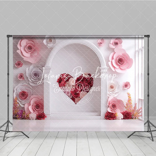 Lofaris Elegant White Arch with Pink and Red Paper Rose Heart Photography Backdrop Romantic Valentine’s Day Decor