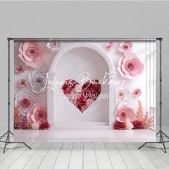 Lofaris Elegant White Arch with Pink and Red Paper Rose Heart Photography Backdrop Romantic Valentine’s Day Decor