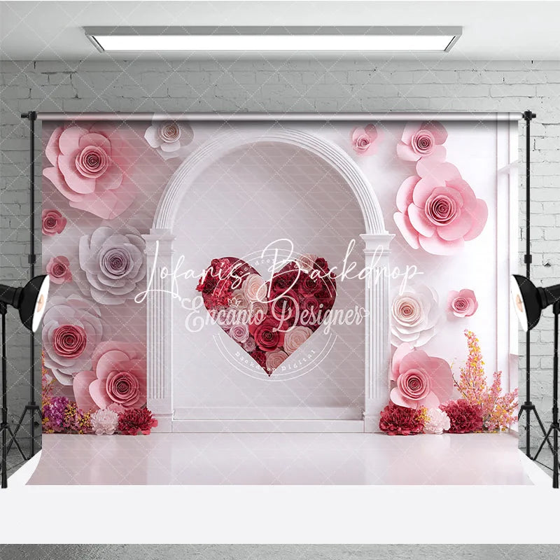 Lofaris Elegant White Arch with Pink and Red Paper Rose Heart Photography Backdrop Romantic Valentine’s Day Decor
