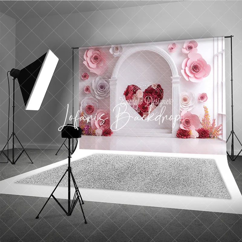 Lofaris Elegant White Arch with Pink and Red Paper Rose Heart Photography Backdrop Romantic Valentine’s Day Decor