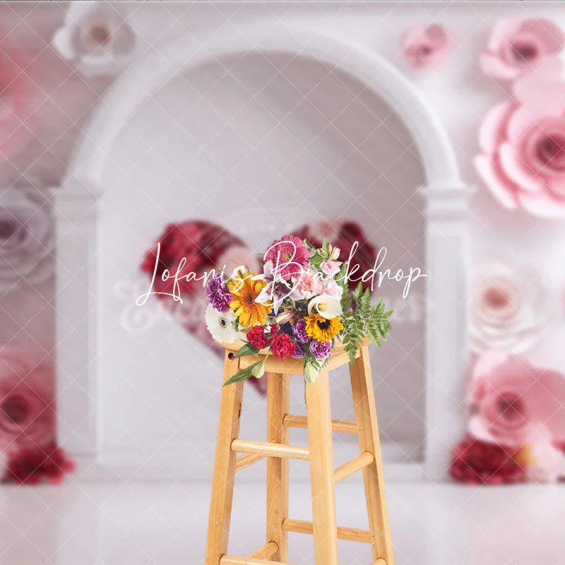 Lofaris Elegant White Arch with Pink and Red Paper Rose Heart Photography Backdrop Romantic Valentine’s Day Decor