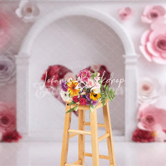 Lofaris Elegant White Arch with Pink and Red Paper Rose Heart Photography Backdrop Romantic Valentine’s Day Decor