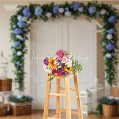 Lofaris Elegant White Arched Door Floral Photography Backdrop with Blue Hydrangea and Lavender Garland Wedding Ceremony Decor