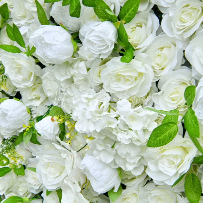 Lofaris Elegant White Artificial Flower Wall with Lush Roses and Hydrangeas Perfect for Wedding Party Decor