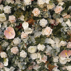 Lofaris Elegant White Blush Pink and Cream Rose Artificial Flower Wall with Anthurium Lush Green Foliage Wedding Party Decor