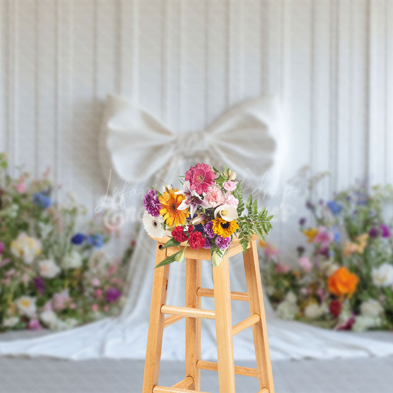 Lofaris Elegant White Bow Colorful Floral Wedding Backdrop