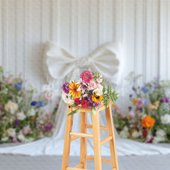 Lofaris Elegant White Bow Colorful Floral Wedding Backdrop