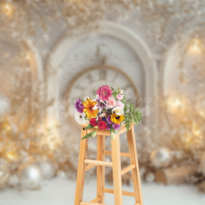 Lofaris Elegant White Clock Floral Bells Christmas Backdrop