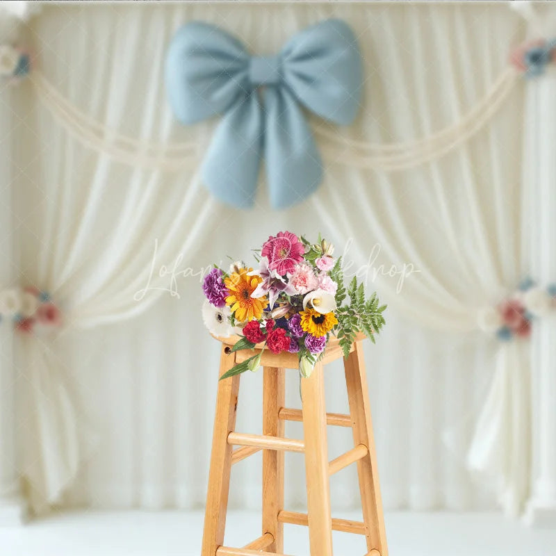 Lofaris Elegant White Curtain Photography Backdrop Blue Bow with Columns and Pearls Wedding or Bridal Shower Decor