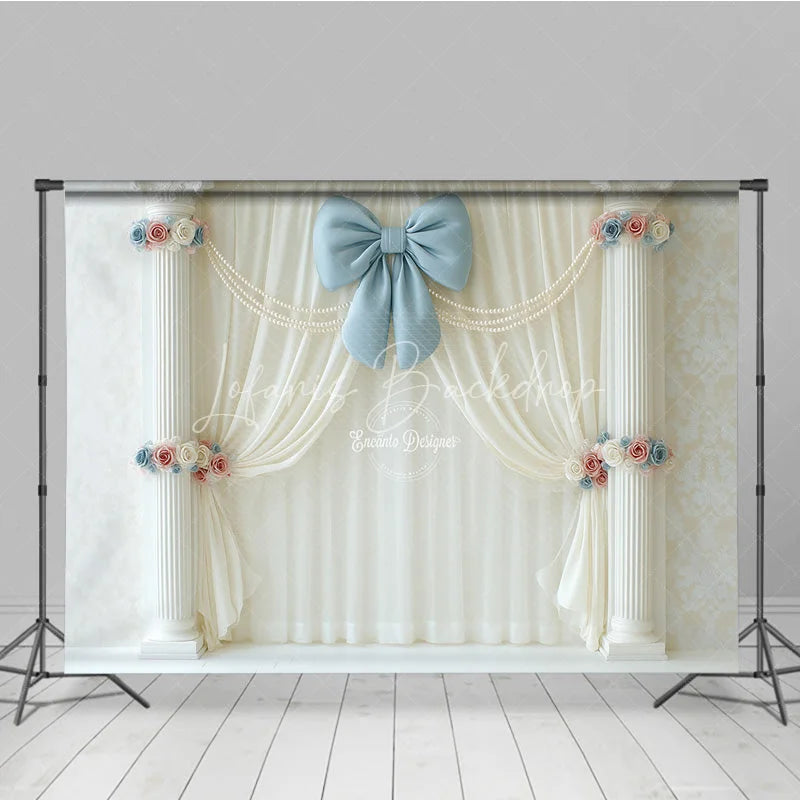 Lofaris Elegant White Curtain Photography Backdrop Blue Bow with Columns and Pearls Wedding or Bridal Shower Decor